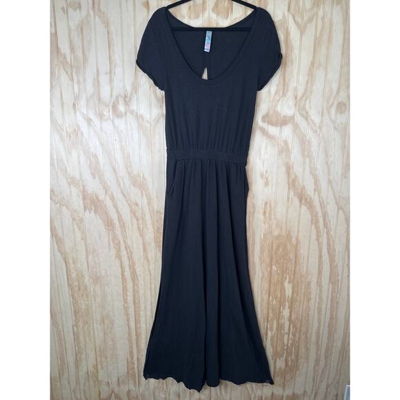 Free People Beach Black Maxi Dress Medium Boho Goth Open Back Side Slit Cotton - Picture 1 of 9
